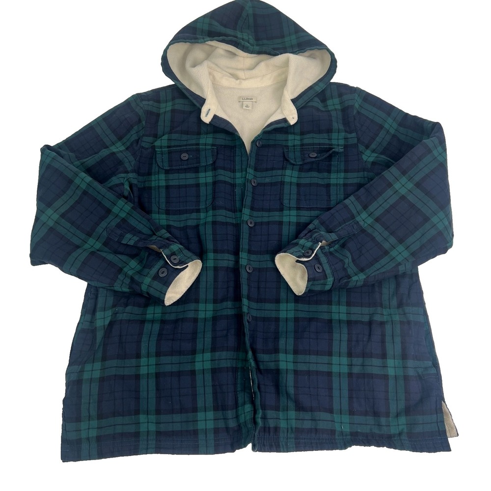 LL Bean Jacket Womens Large Relaxed Blue Green Plaid Flannel Hooded Sherpa Lined - Picture 1 of 16